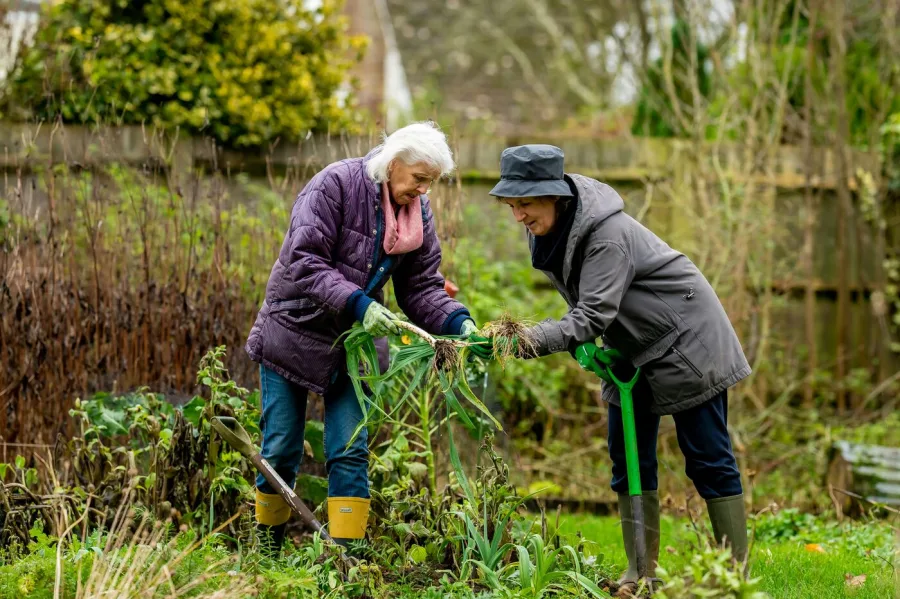 Support worker helping an older woman with gardening outdoors — NDIS assistance with daily living in Perth